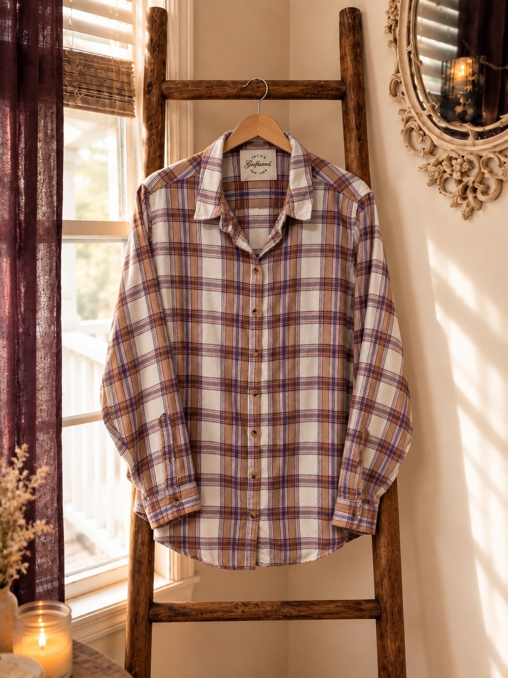 JACHS Girlfriend Plaid Flannel Shirt Tan Lavender Pink Soft Fall Cozy